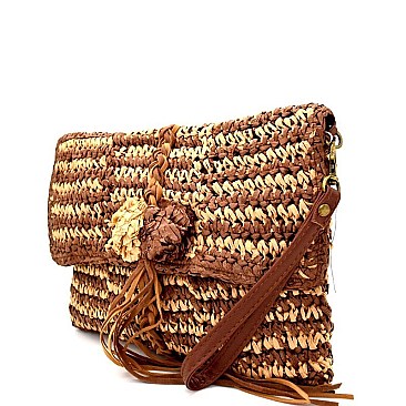 DR0007-LP Pom Pom Tassel Accent Woven Straw Clutch