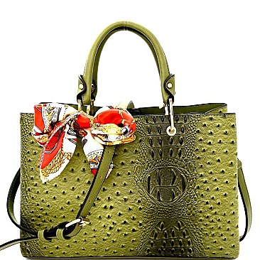 DX0016-LP Scarf Accent Ostrich Embossed 3-Compartment Satchel