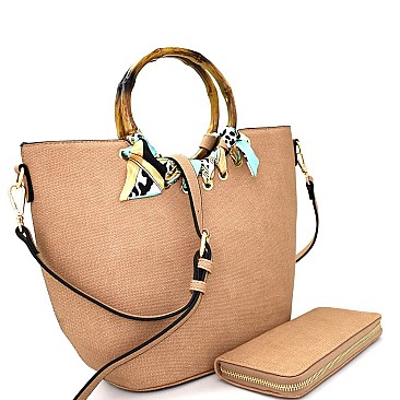 Bamboo Handle Scarf Accent Satchel Wallet SET