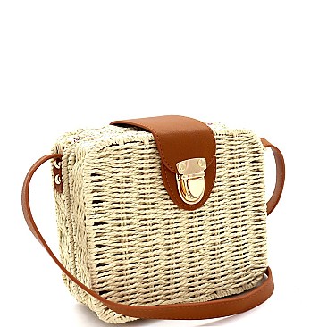 Push-Lock Woven Bamboo Rattan Boxy Crossbody Shoulder Bag