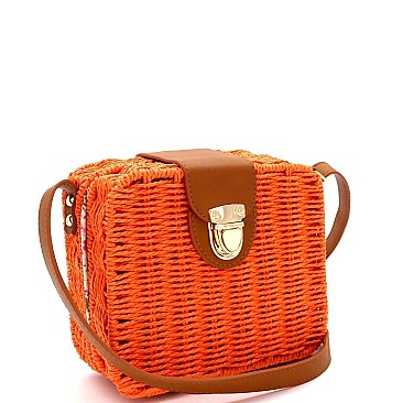 Push-Lock Woven Bamboo Rattan Boxy Crossbody Shoulder Bag