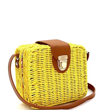 Push-Lock Woven Bamboo Rattan Boxy Crossbody Shoulder Bag