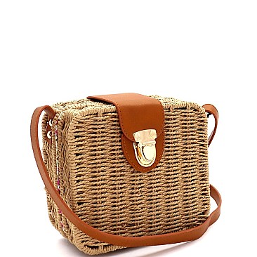 Push-Lock Woven Bamboo Rattan Boxy Crossbody Shoulder Bag
