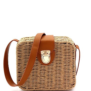 Push-Lock Woven Bamboo Rattan Boxy Crossbody Shoulder Bag