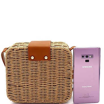 Push-Lock Woven Bamboo Rattan Boxy Crossbody Shoulder Bag