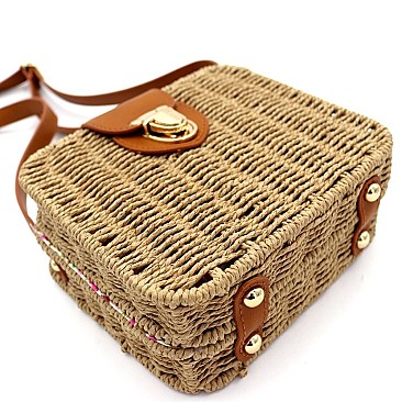 Push-Lock Woven Bamboo Rattan Boxy Crossbody Shoulder Bag