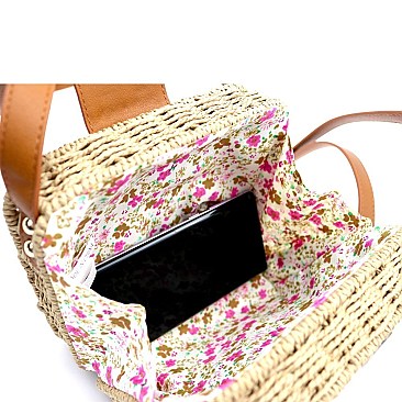 Push-Lock Woven Bamboo Rattan Boxy Crossbody Shoulder Bag