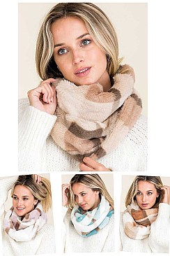 Pack of 12 Assorted Color Plaid Print Faux Fur Infinity Scarves