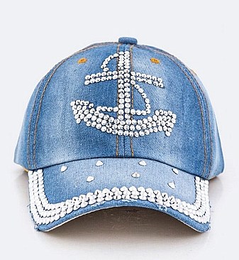 Crystal Anchor Embellished Fashion Denim Cap