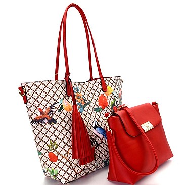 [S]EG1297-LP Flower Bird Print 2 in 1 Tote SET with Cross Body