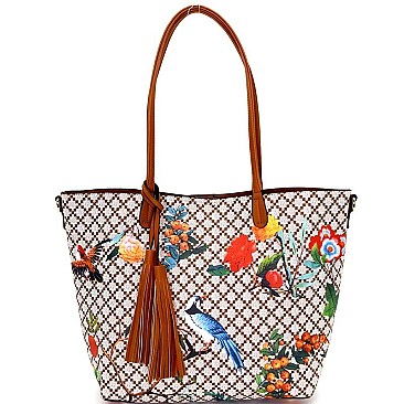 [S]EG1297-LP Flower Bird Print 2 in 1 Tote SET with Cross Body