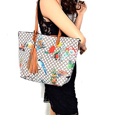 [S]EG1297-LP Flower Bird Print 2 in 1 Tote SET with Cross Body