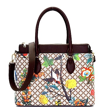 EG1298-LP Flower Bird Print 3-Compartment Satchel