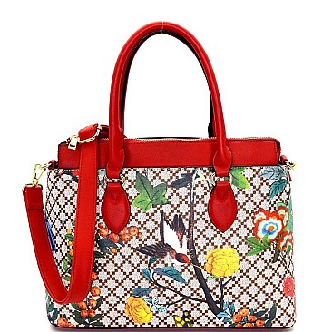 EG1298-LP Flower Bird Print 3-Compartment Satchel