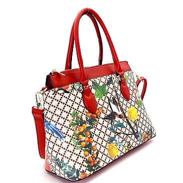 EG1298-LP Flower Bird Print 3-Compartment Satchel