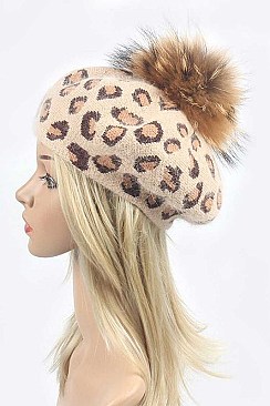 Leopard Print Fur Pom Winter Beret