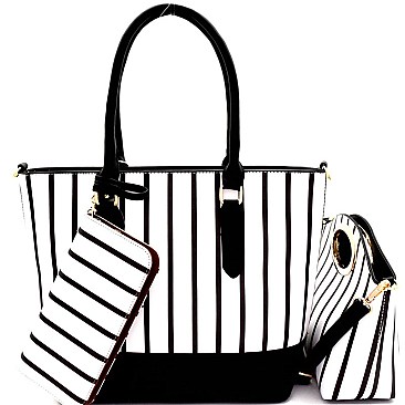 ES1811-LP Pinstripe Print 3 in 1 Shopper Tote Satchel Wallet Value SET