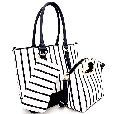 ES1811-LP Pinstripe Print 3 in 1 Shopper Tote Satchel Wallet Value SET