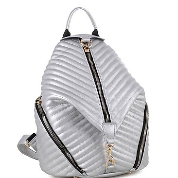 Stylish Chevron Quilted Multi-Pocket Backpack Silver MH-ES3352