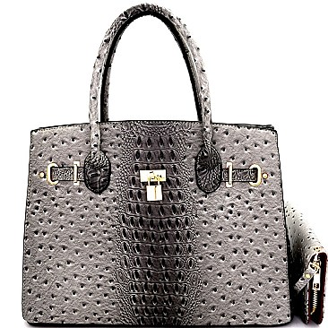 [S]EW1552-LP Padlock Accent Ostrich Embossed Large Tote Wallet SET