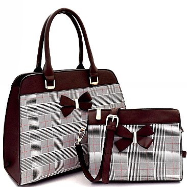 Bow Accent Checker Print 2 in 1 Satchel Crossbody SET MH-EW3013