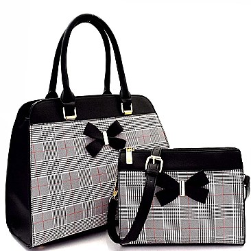 Bow Accent Checker Print 2 in 1 Satchel Crossbody SET MH-EW3013