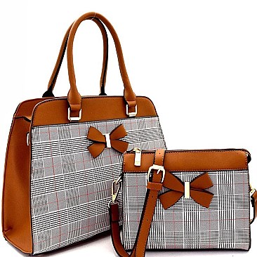 Bow Accent Checker Print 2 in 1 Satchel Crossbody SET MH-EW3013