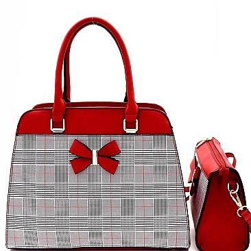 Bow Accent Checker Print 2 in 1 Satchel Crossbody SET MH-EW3013
