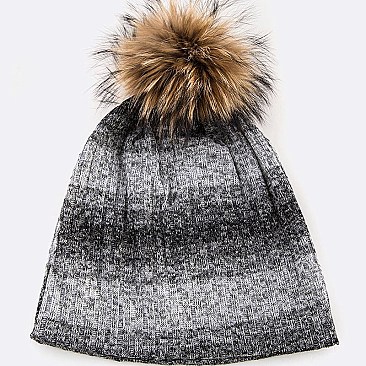 Raccoon Fur PomPom Stripe Cotton Blend Slouchy Beanie