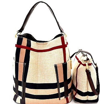 Checker Plaid Print Linen Side Pocket 2 in 1 Hobo MH-F0219