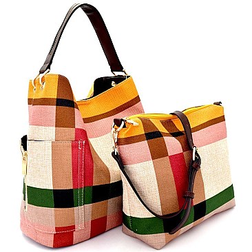 Checker Plaid Print Linen Side Pocket 2 in 1 Hobo MH-F0219