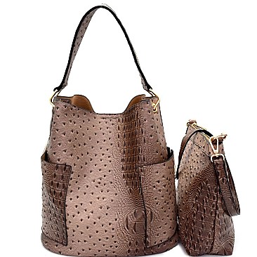 F0222-LP Ostrich Embossed Side Pocket 2 in 1 Tall Hobo Stone