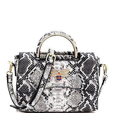 SNAKE PRINT BEE CHARM FLAP SATCHEL