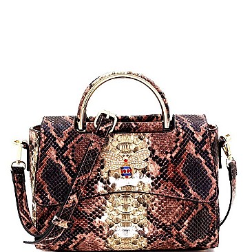 SNAKE PRINT BEE CHARM FLAP SATCHEL