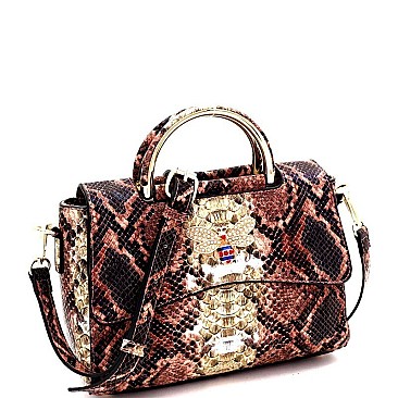 SNAKE PRINT BEE CHARM FLAP SATCHEL