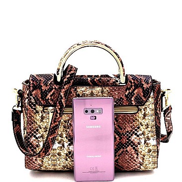 SNAKE PRINT BEE CHARM FLAP SATCHEL