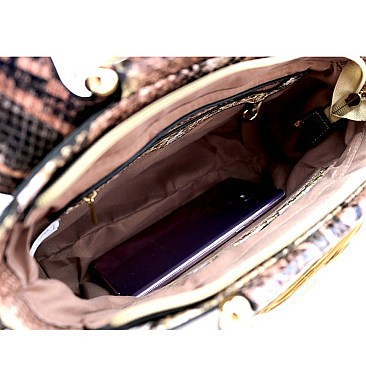 SNAKE PRINT BEE CHARM FLAP SATCHEL