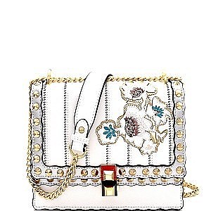 Exotic Flower Embroidery Studded Flap Shoulder Bag MH-F1450