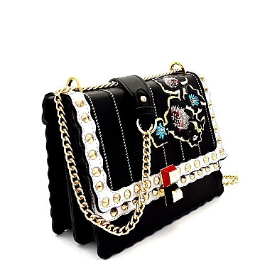 Exotic Flower Embroidery Studded Flap Shoulder Bag MH-F1450