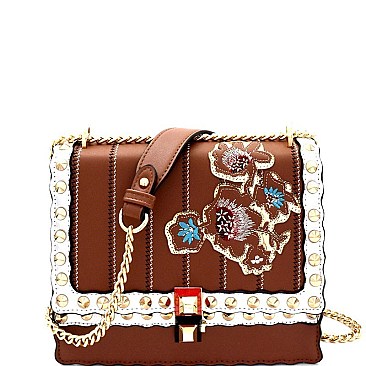 Exotic Flower Embroidery Studded Flap Shoulder Bag MH-F1450