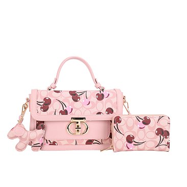 2- in-1 Oval Chery Print Monogram Satchel Set + KeyChain Charming & Wallet
