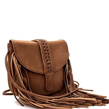 Braid Accent Felt-Suede Fringed Flap Cross Body MH-F8500