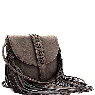 Braid Accent Felt-Suede Fringed Flap Cross Body MH-F8500