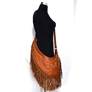 Western Fringed Studded & Stiched Hobo Crossbody