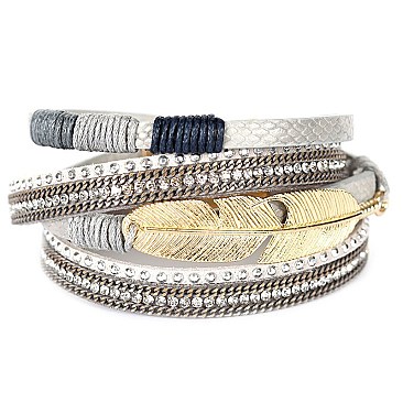 FB1301-LP Metal Leather Feather Bracelet