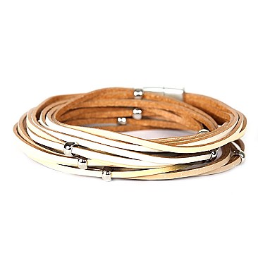 FB1309-LP Metal Leather Wrap Magnetic Finish Bracelet