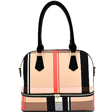 FGZ6342-LP Checker Plaid Print Zipper Accent Dome Satchel