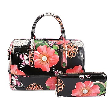 2-in-1 Glossy Flower Printed Boston Satchel Set