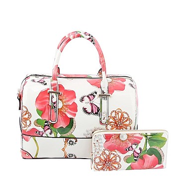 2-in-1 Glossy Flower Printed Boston Satchel Set