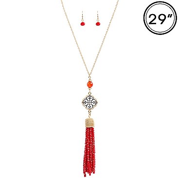 FS3041-LP Glass Bead Metal Geometric Long Chain Necklace SET